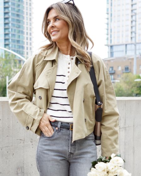 -Cropped Trench. Love the quality twill and details. Wearing a sz S
-striped button sweater sz S
-Levi 501 that I love the fit of! I cut to hem them. TTS
-Amazon look for less bag. Quality canvas! Pebbled leather. I love it!