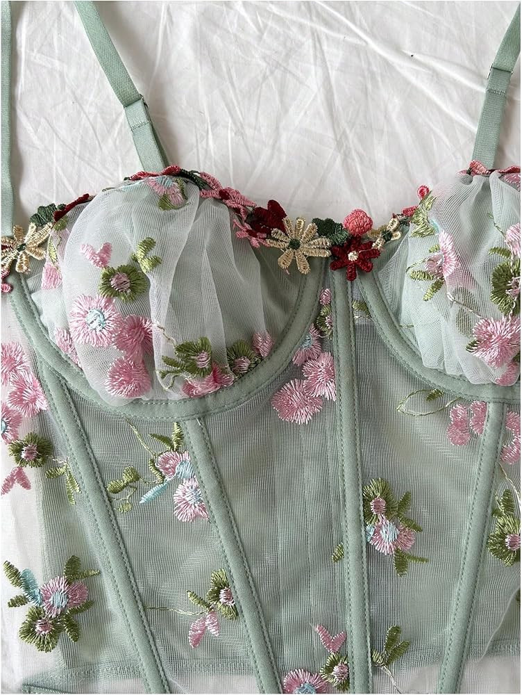 MakeMeChic Women's Floral Mesh Corset Sheer Top Spaghetti Strap Going Out Tops | Amazon (US)