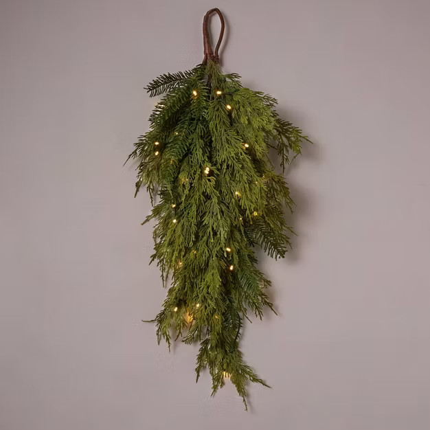 28" Battery Operated Pre-Lit Mixed Greenery & Cedar Artificial Christmas Swag Green with Warm Whi... | Target