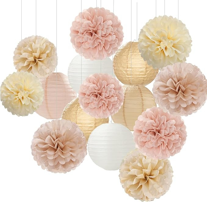 Champagne-Gold White Party-Decorations Paper-Flowers Lanterns - 15PCS Boho Fall Rustic Tissue Pom... | Amazon (US)
