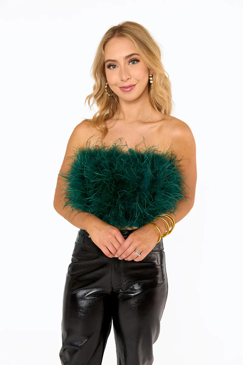 BuddyLove | Fancy Strapless Feather Crop Top | Emerald | BuddyLove