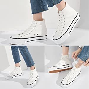 FRACORA Womens High Top Canvas Shoes White Black Platform Sneakers Lace Up Shoes for Women | Amazon (US)
