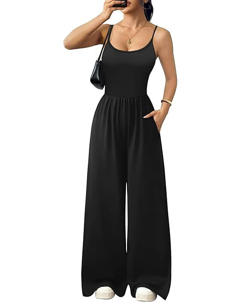 OYOANGLE Women's Sleeveless Wide Leg Jumpsuits High Waisted Spaghetti Strap Casual Long Rompers w... | Amazon (US)