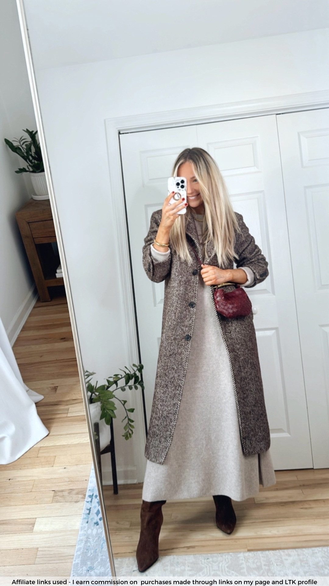 Cute casual winter outfits

Winter coat
Long sweater dress wool blend
Brown suede boots 
Easy style