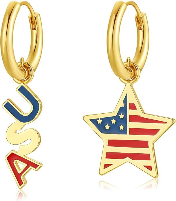 SISMIURRA 4th of July Earrings 18K Gold Plated Patriotic American Flag Hoop Earring USA Star Stat... | Amazon (US)