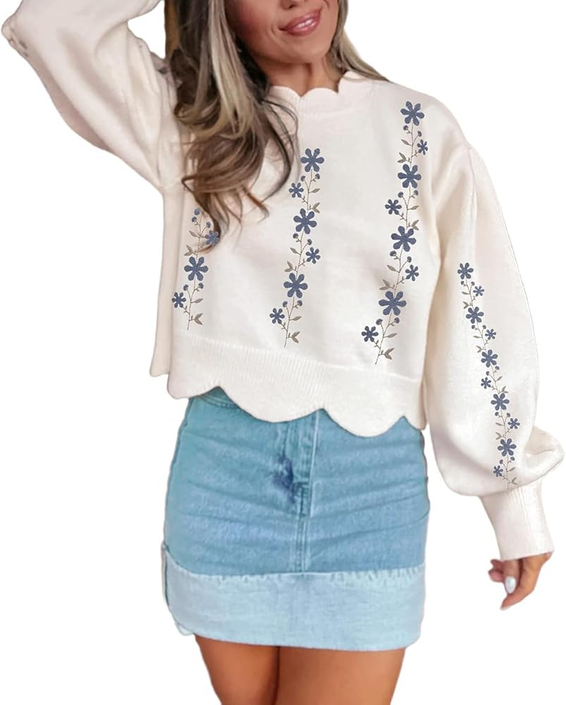 Womens Embroidery Floral Cropped Sweater Lantern Sleeve Scallop Hem Pullover Knit Sweaters | Amazon (US)