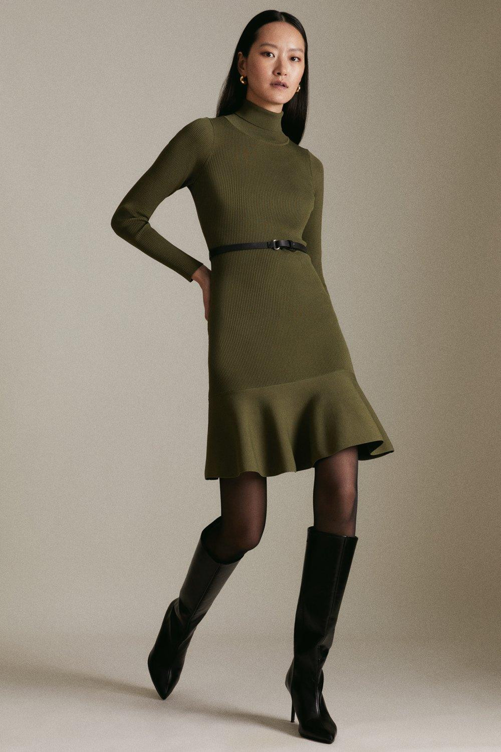 Knitted Roll Neck Belted Flippy Hem Dress | Karen Millen UK & IE