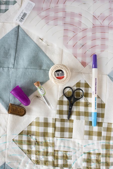 Here’s the hand quilting supplies I’m using on this Stained Glass Windows quilt.  

Quilt pattern available in my shop at quiltyloveshop.com