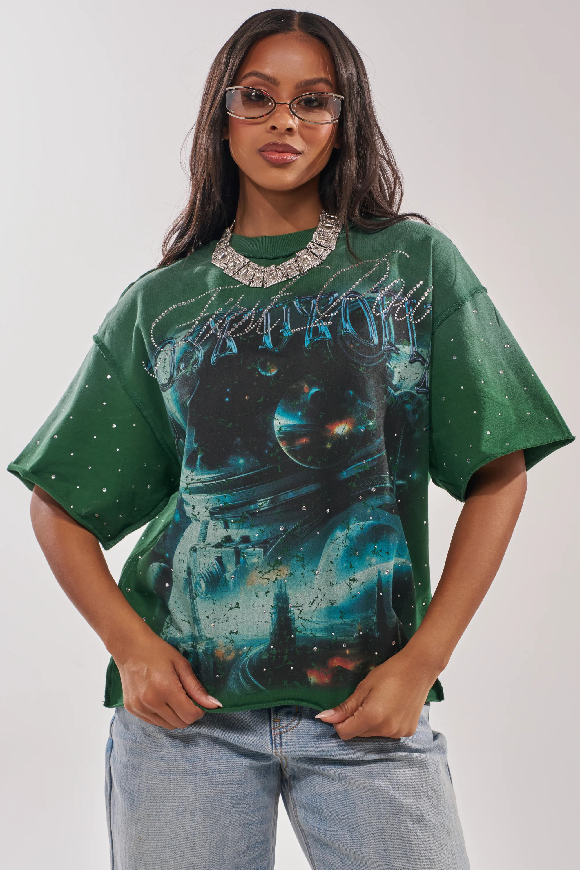 FIRST ROW INTERSTELLAR RHINESTONE FRENCH TERRY TEE | AKIRA