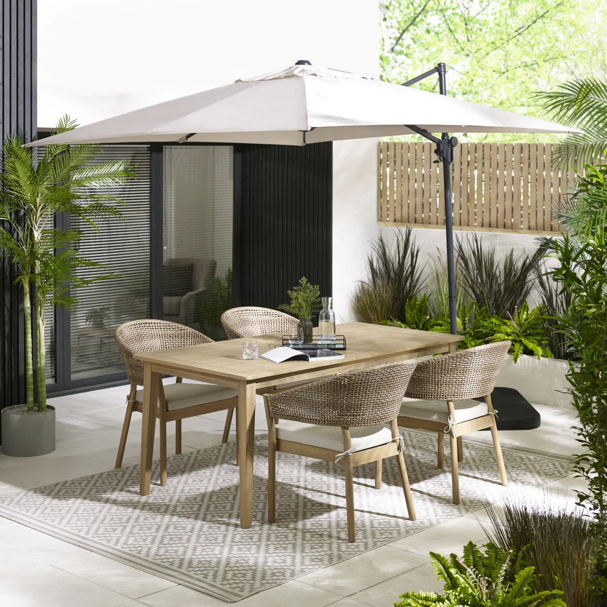 Ronja Outdoor Wood And Wicker Dining Table With Dining Chairs - Modern Boho Design | Wayfair North America