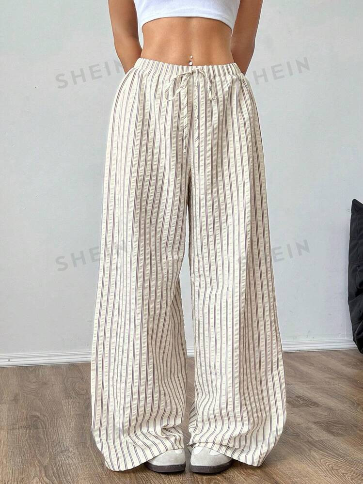 TrendsSHEIN EZwear Loose Striped Wide-Leg Pants With Front Tie, Casual Wear | SHEIN