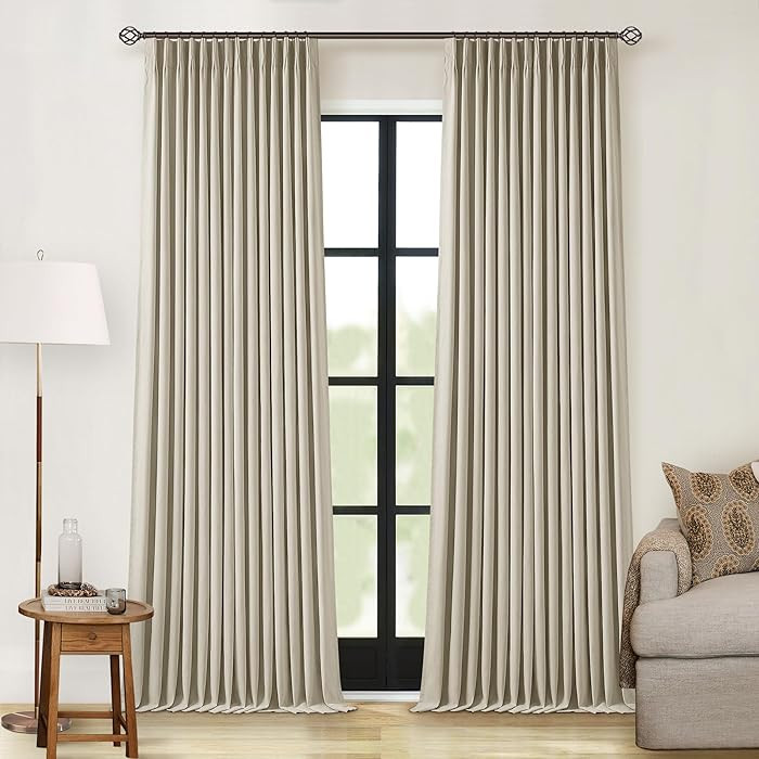 90 Inch 100% Blackout Linen Pleated Curtains 2 Panels for Living Room Pinch Pleated Back Tab Blac... | Amazon (US)