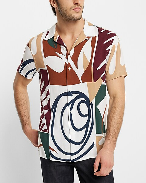 Abstract Print Rayon Short Sleeve Shirt | Express