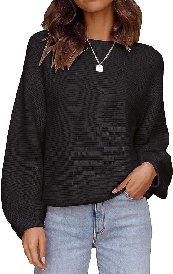 ZESICA Women's Crew Neck Long Lantern Sleeve Casual Loose Ribbed Knit Solid Soft Pullover Sweater... | Amazon (US)
