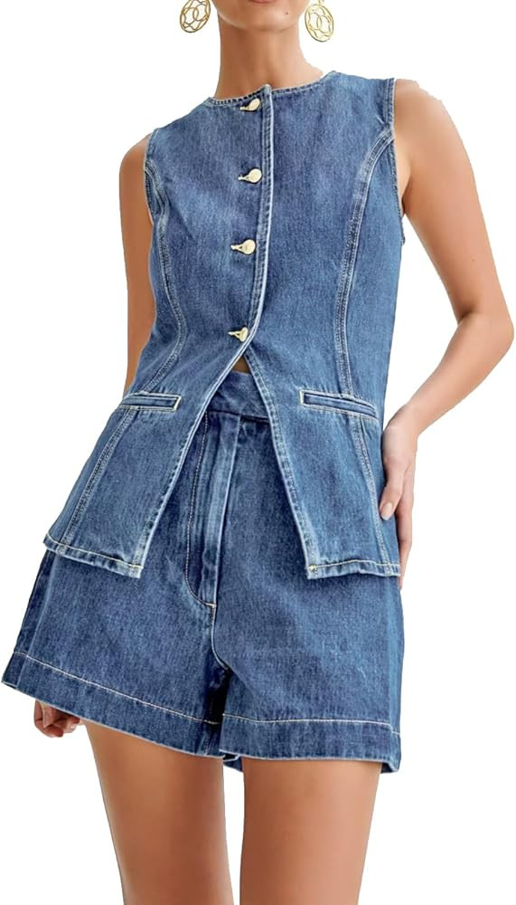 Ru Sweet Women's Denim 2 Piece Set Casual Business Sleeveless Jean Blazer Vest Tops and Shorts Ou... | Amazon (US)