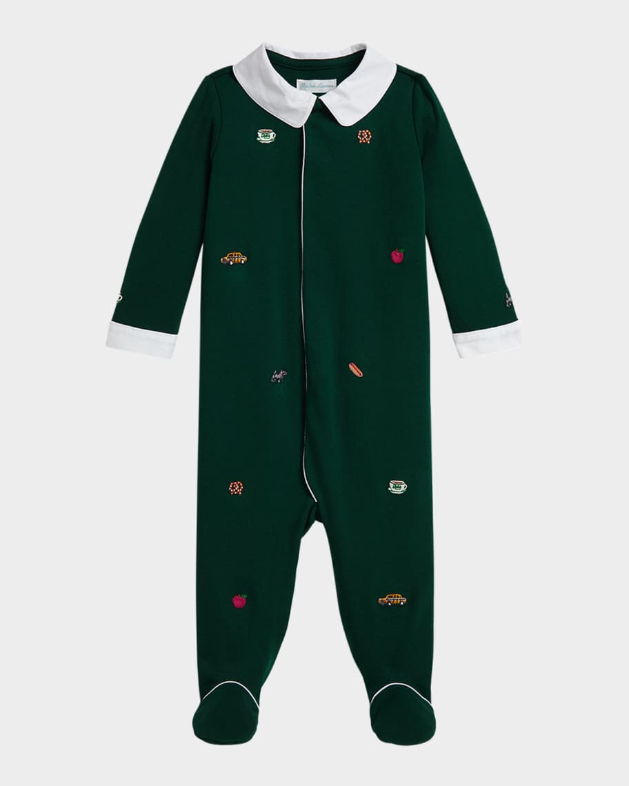 Ralph Lauren Childrenswear Boy's Interlock Knit Embroidered Coverall, Size Newborn-9M | Neiman Marcus