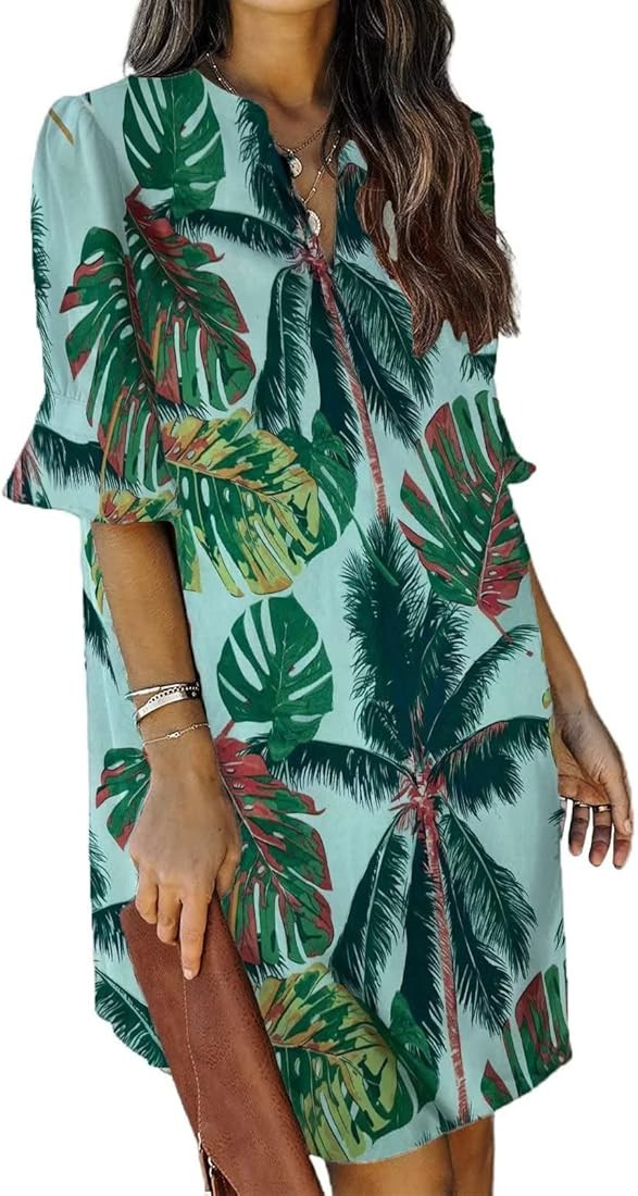 Wkior Shift Dress for Women V Neck Short Sleeves Solid Color Casual Summer Dresses(S-2XL) | Amazon (US)