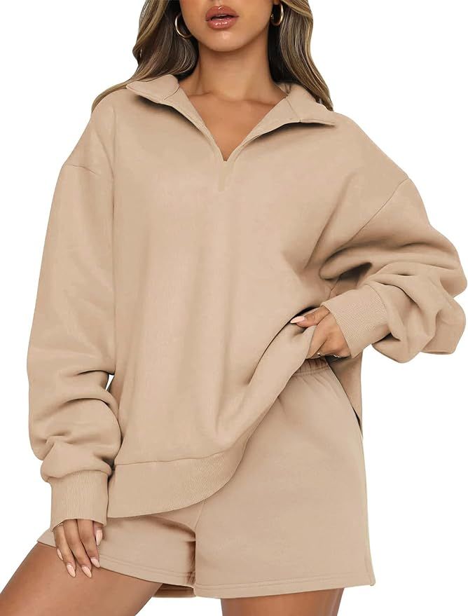 Ekouaer Womens Oversized Sweatshirts Hoodies Half Zip Pullover Lounge Long Sleeve Shorts Set | Amazon (US)