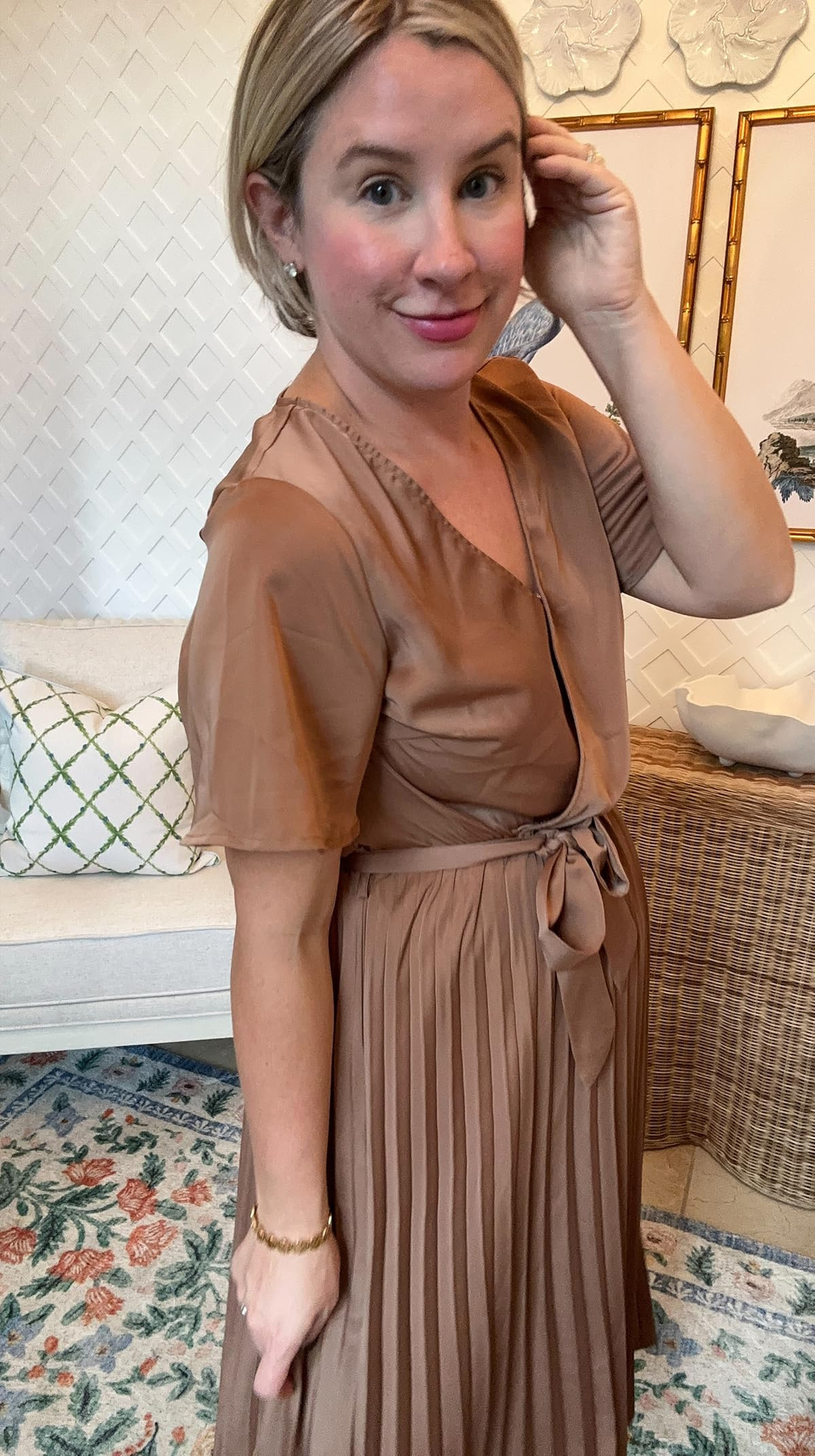 BTFBM Women Wrap V Neck Casual Summer Dresses 2023 Short Sleeve Satin Tie Waist Pleated Flowy Wed... | Amazon (US)