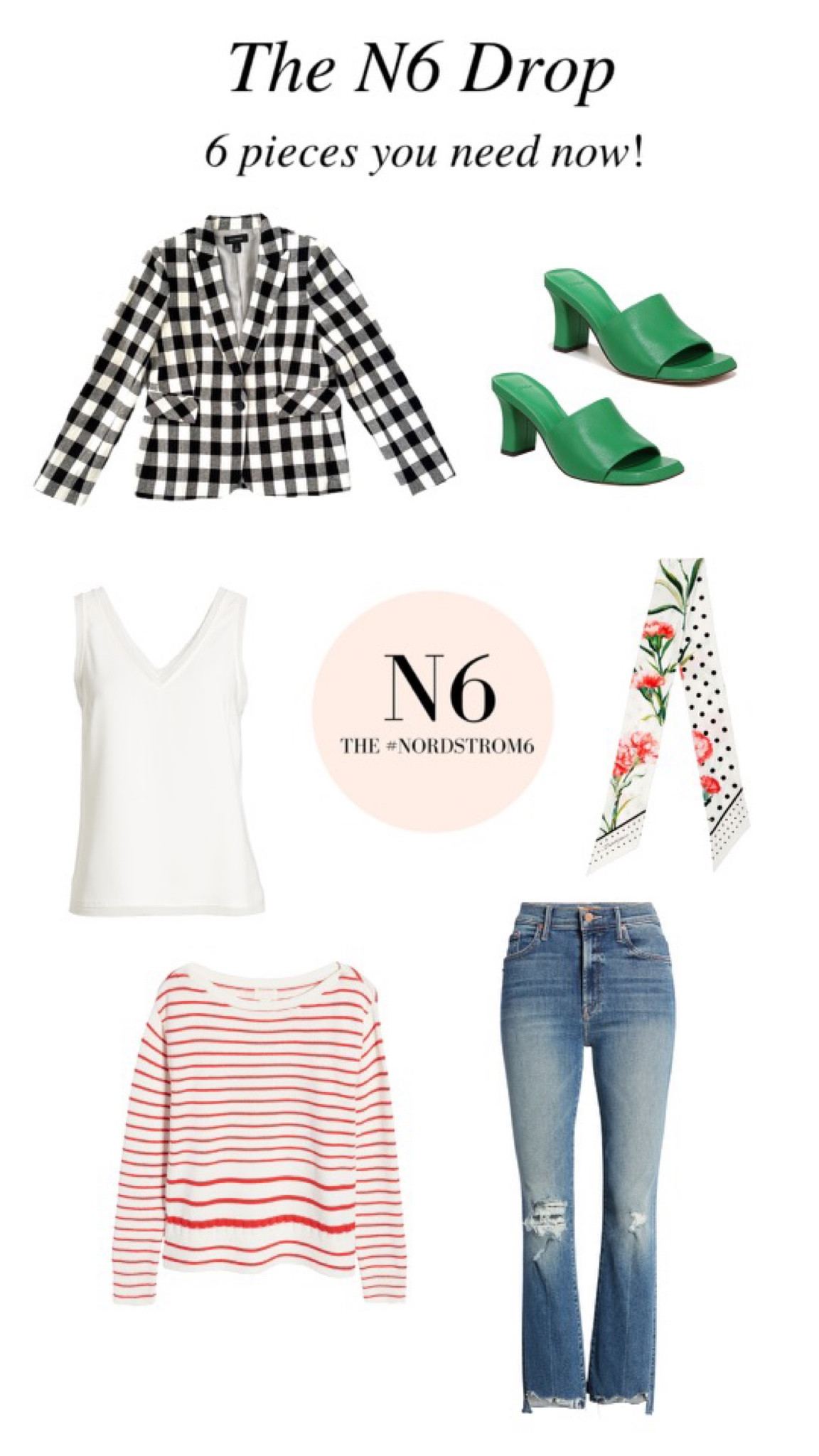 The Nordstrom 6 February Drop
1. Black and White Blazer under $150
2. Vince Sandals
3. Raw Edge Camisole Top
4. Skinny Scarves 
5. Striped Sweater
6. Mother cropped jeans 