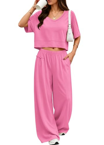 ReachMe Women's 2 Piece Matching Set V Neck Crop Top Lounge Pants(Rose Pink,L) | Amazon (US)