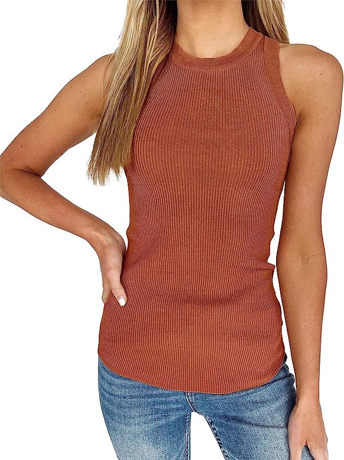 Imily Bela Womens High Neck Ribbed Knit Tank Tops Summer Stretchy Sleeveless Slim Fit Shirt | Amazon (US)