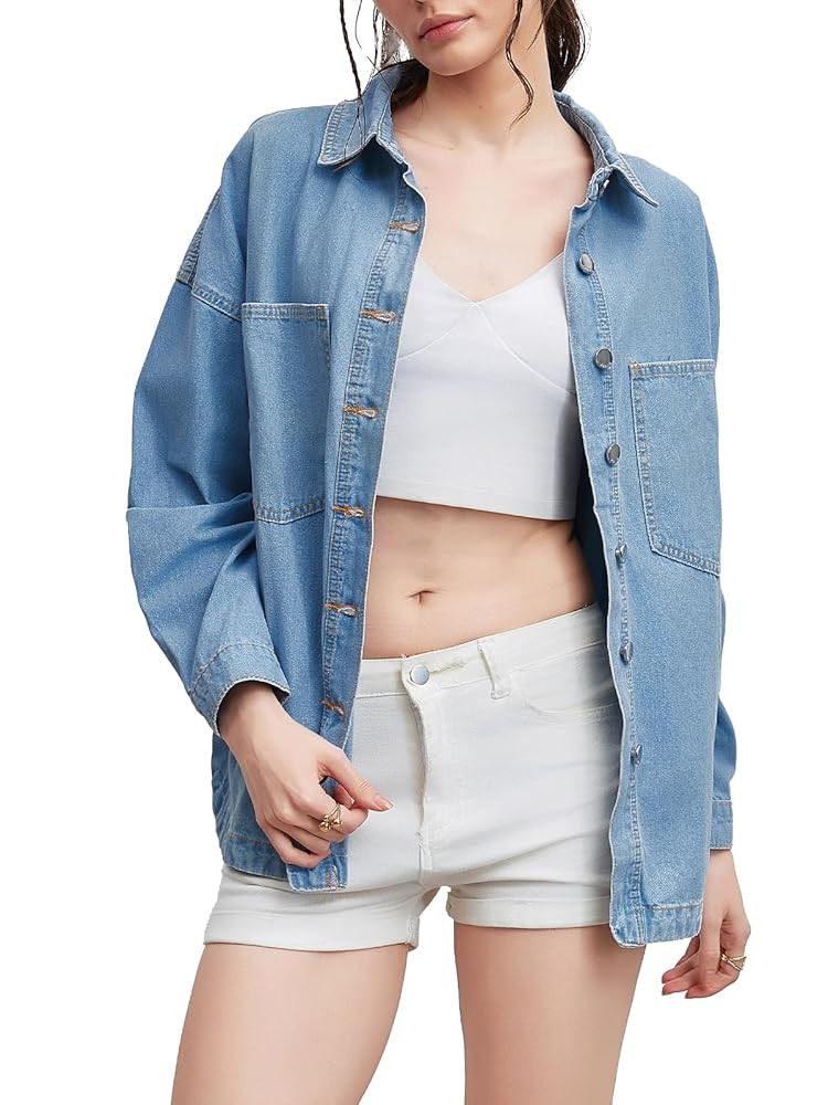 Women Denim Jacket Shacket Long Sleeve Oversize Boyfriend Jean Jacket Shirt | Amazon (US)