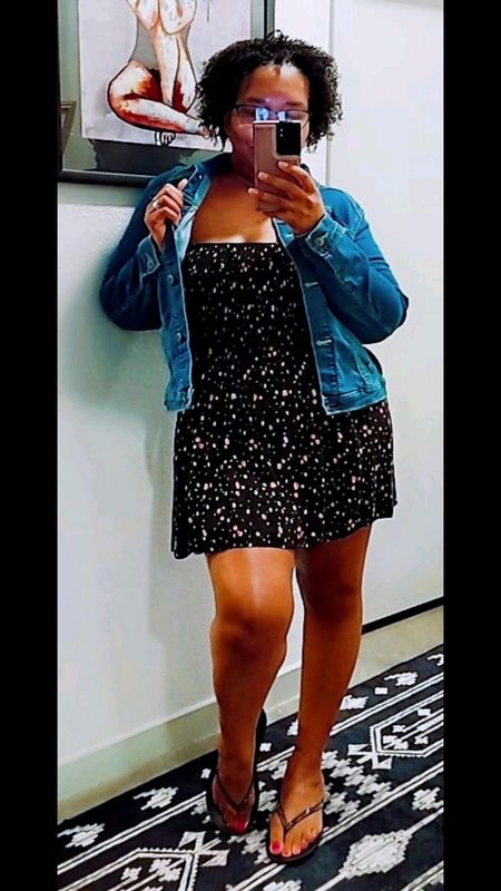 LOVE THIS SUMPLE SUMMER LOOK.  WRANGLER DENIM JACKET WITH A STRAPLESS DRESS WITH FLATS.  #summeroutfits

#LTKSeasonal #LTKOver40 #LTKU