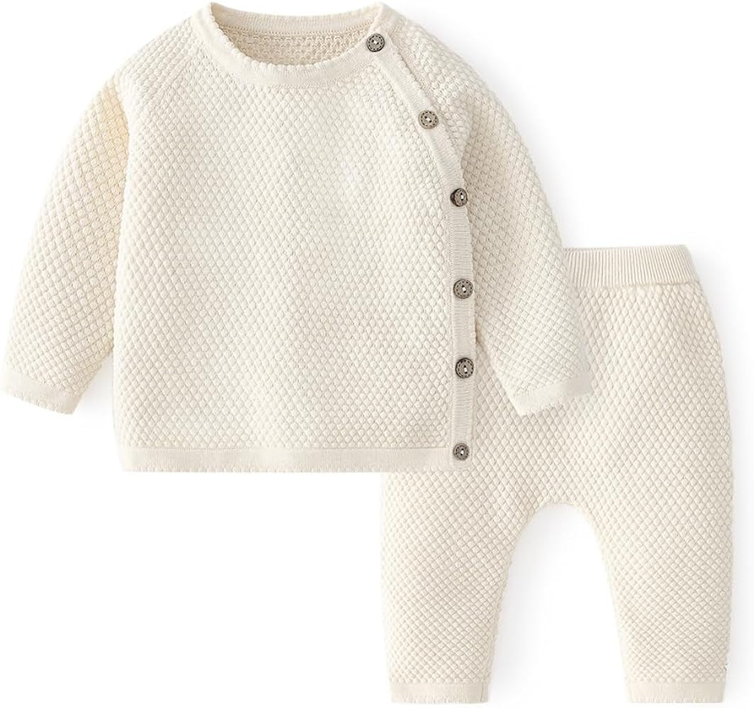 100% Cotton Knit Infant Baby Sweater and Pants Set, Unisex Newborn Boys Girls Outfit Long Sleeve ... | Amazon (US)