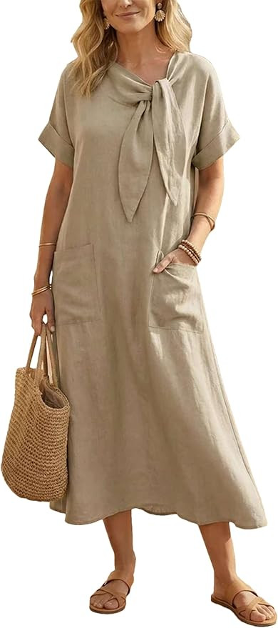 HangNiFang Women Summer Tie Neck Maxi Dress Short Sleeve Bow Tie Front Long Dress with Pockets | Amazon (US)