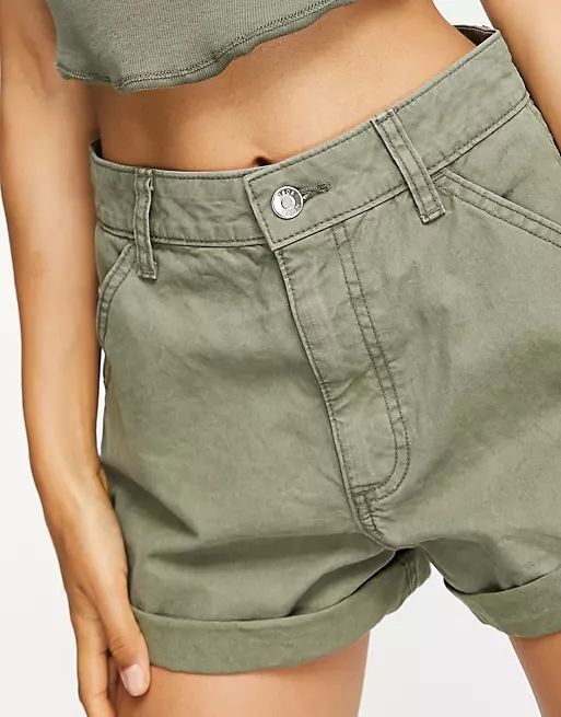 ASOS DESIGN Petite slouchy mom short in washed khaki | ASOS (Global)