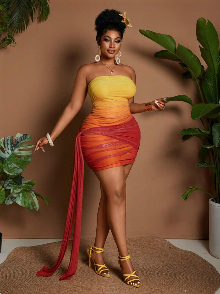 Maweii Plus Size Women Ombre Mesh Side Knot Bodycon Dress | SHEIN