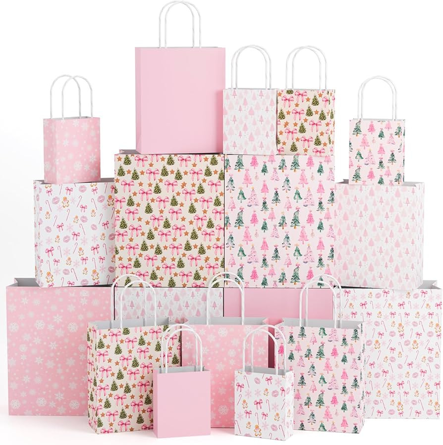Trandraft 18 Pcs Pastel Pink Christmas Kraft Gift Bags with Handles Assorted Sizes Christmas Gift... | Amazon (US)