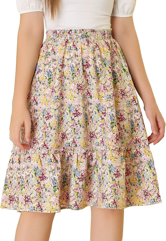 Allegra K Women's Ruffle Hem Elastic Waist Flowy A-Line Swing Floral Midi Skirt | Amazon (US)
