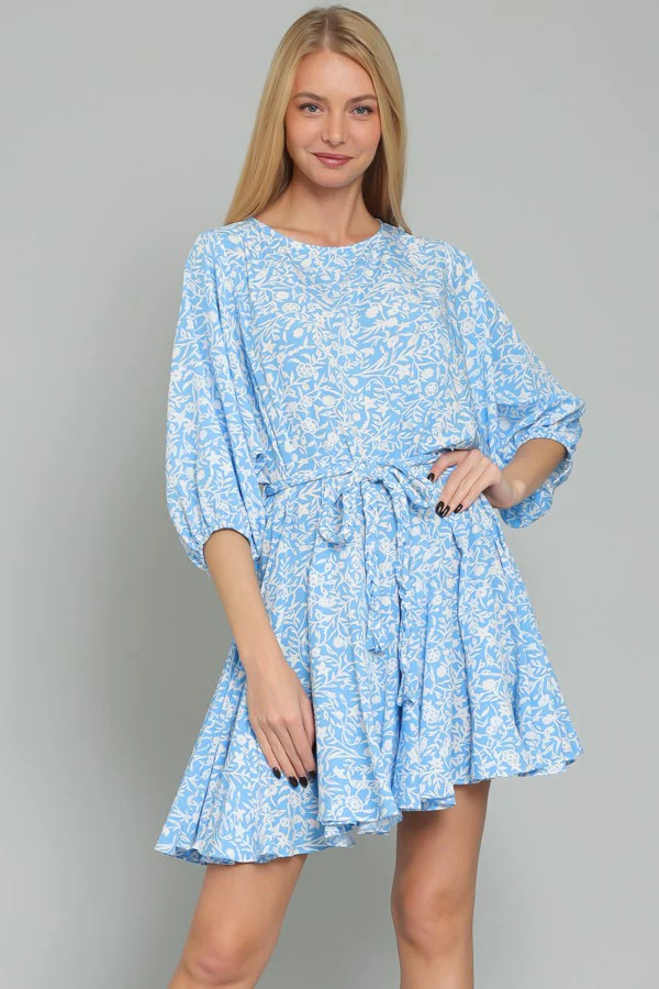 Sky Blue White Dolman Sleeve Braid Belted Ruffle Hem Mini Dress | PinkBlush Maternity