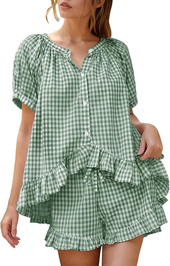 Flygo Womens Gingham Pajamas Set 2 Piece Cotton Pj Lounge Sets Puff Sleeve Ruffle Babydoll Shirt ... | Amazon (US)