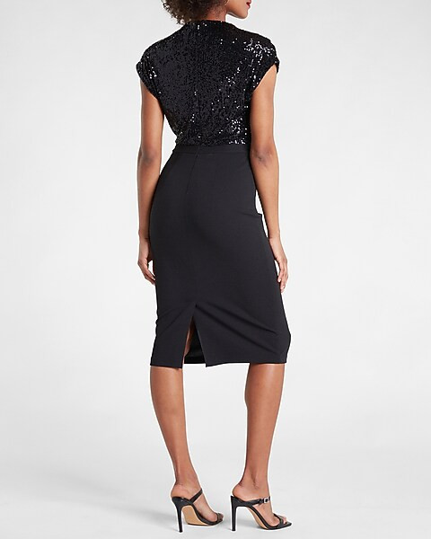 Sequin Draped Mock Neck Midi Sheath Dress | Express
