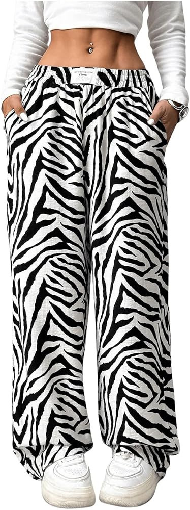 Women's Zebra Stripe Print Pants Elastic Waist Wide Leg Causal Trousers with Pockets | Amazon (US)