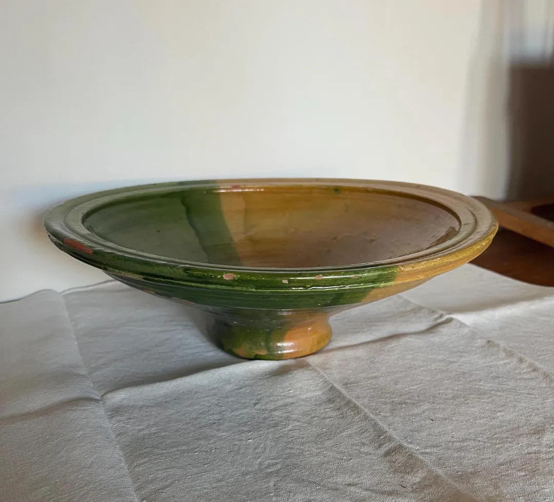 Antique French Green & Yellow Glazed Terracotta Compote Bowl - Etsy | Etsy (US)