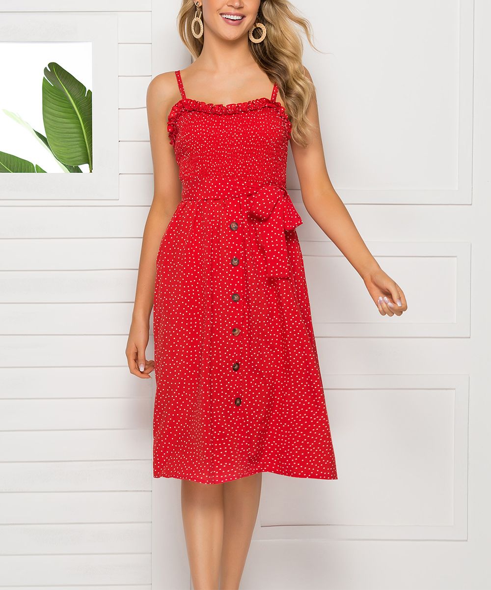 VUTTI Women's Casual Dresses Red - Red Polka Dot Midi Dress - Women | Zulily