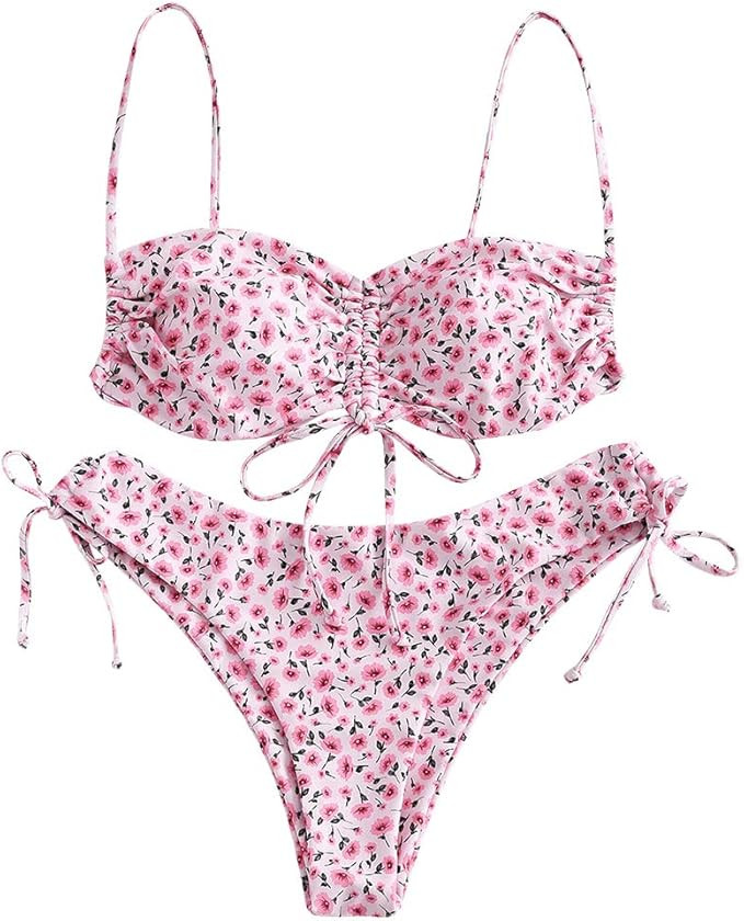 ZAFUL Women's Floral Print Cinched Tie Cami Bandeau Bikini Set Swimsuit | Amazon (US)