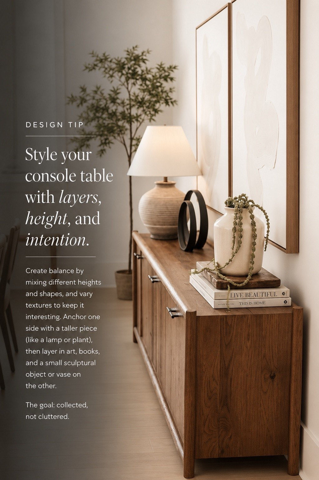 A beautifully styled console table is all about balance 🤎 Layer pieces at different heights with a statement lamp, artwork, stacked books, greenery, and sculptural accents. Mixing warm wood and natural textures keeps the look collected, intentional, and timeless.

#porcheandco #ConsoleTableStyling #HomeStyling #HomeDecor #InteriorInspo

#LTKHome #LTKvlog
