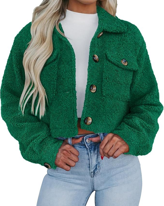 PRETTYGARDEN Womens Fall Clothes Sherpa Shacket Jacket Fuzzy Fleece Lapel Button Down Cropped Coa... | Amazon (US)