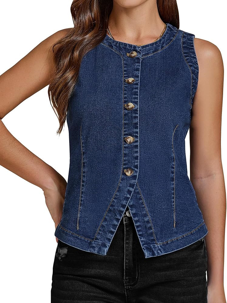 luvamia Denim Vest for Women Sleeveless Strechy Jean Vest Top Button Down Crewneck Casual Summer ... | Amazon (US)