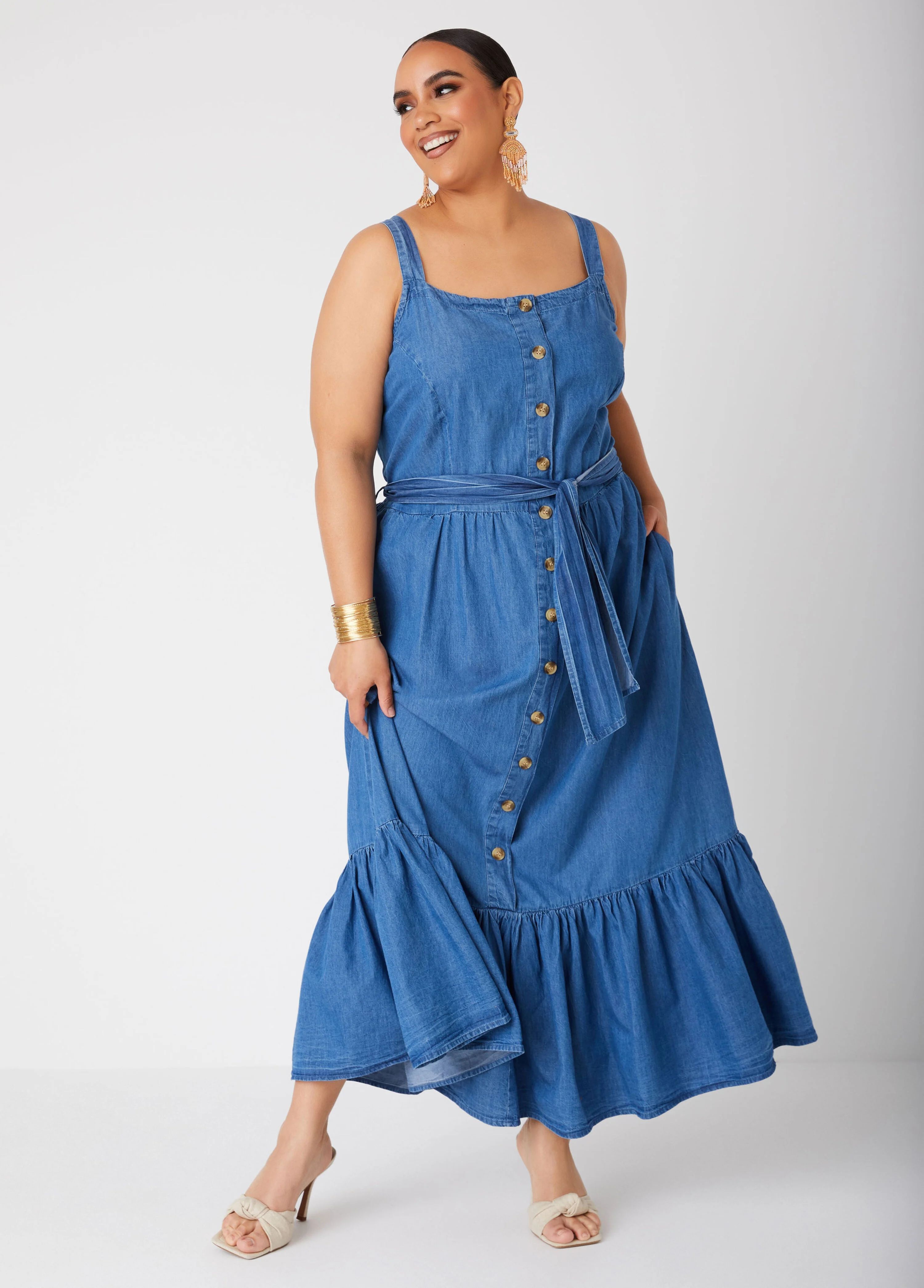 Flounced Chambray Maxi Dress | Ashley Stewart