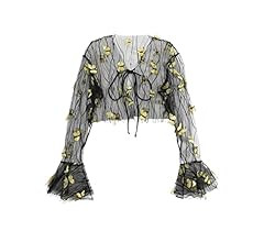 OYOANGLE Women's Butterfly Print Sheer Mesh Tie Front Flounce Sleeve Swimsuit Cover Up Crop Top W... | Amazon (US)