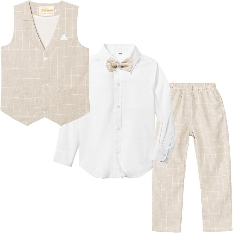 LOLANTA Boys Vest Suits 4PCs Wedding Ring Bearer Outfits Wasitcoat Shirt Pants Bow Tie 2-13 Years | Amazon (US)