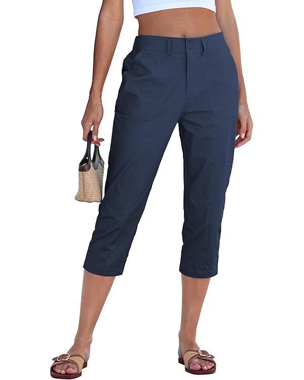 GRAPENT Capri Pants for Women High Waisted Relaxed Fit Elastic Waist Casual Capris Trousers Crop ... | Amazon (US)