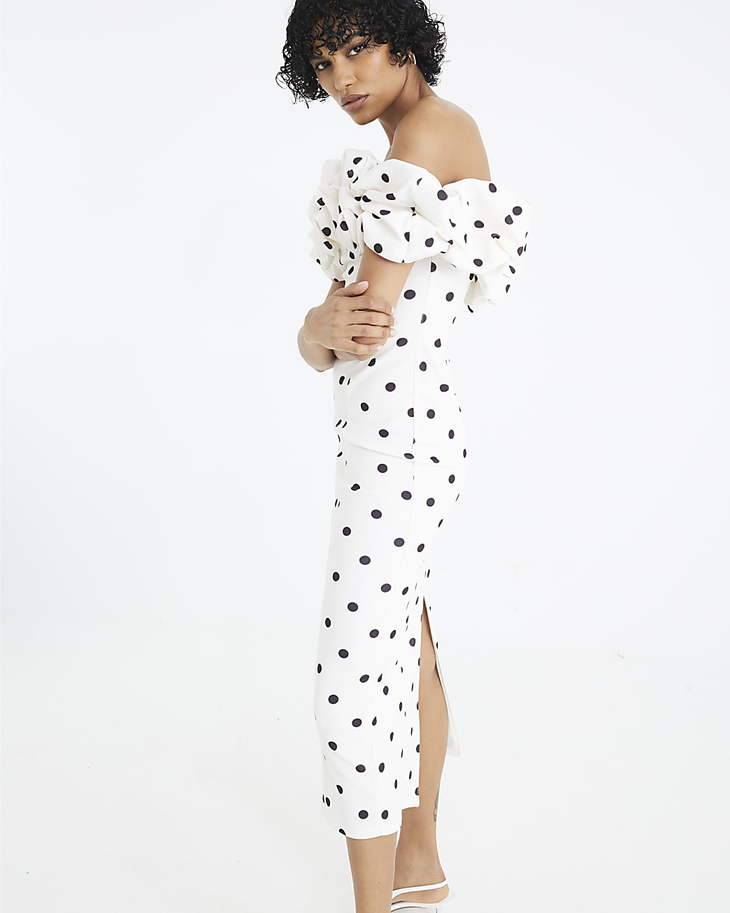 Cream Polka Dot Ruffle Bardot Midi Dress | River Island UK & IE