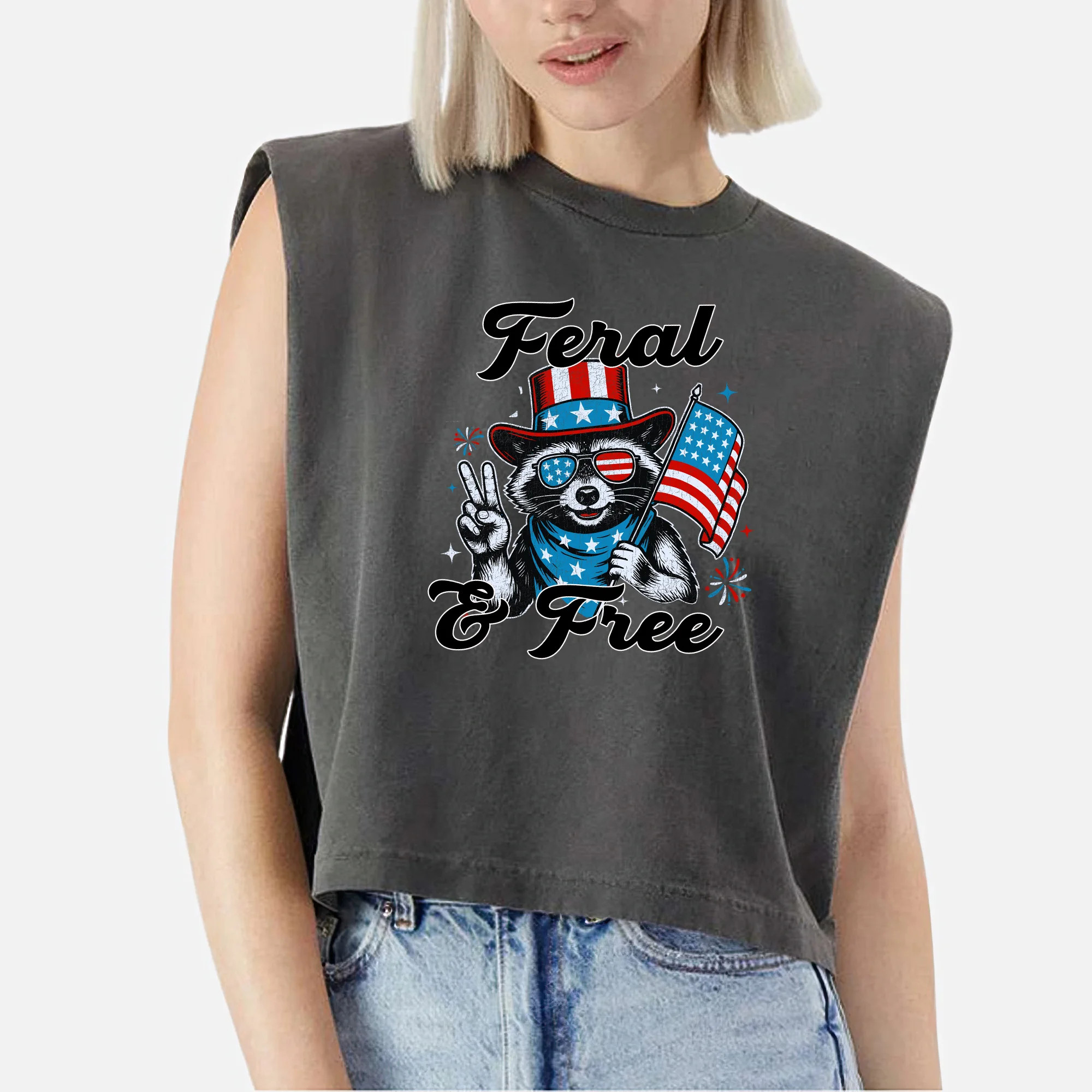 EcoLoom Feral and Free Raccoon Cap Sleeve Muscle Crop Top American Feral Girl Summer Meme Sleevel... | Walmart (US)